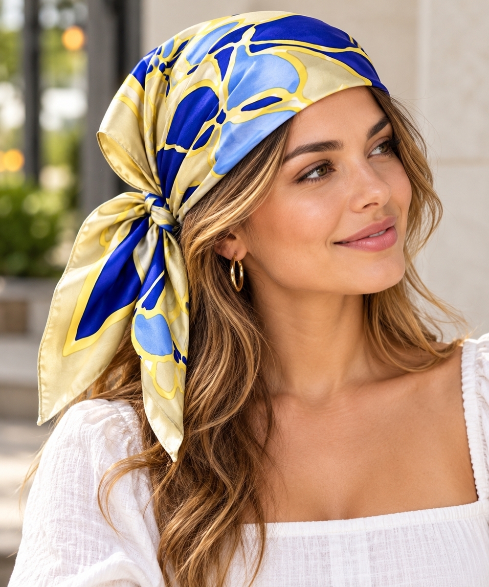 Blue Cream Yellow Bold Floral Satin Square Scarf Head Bandana Abstract Art Print